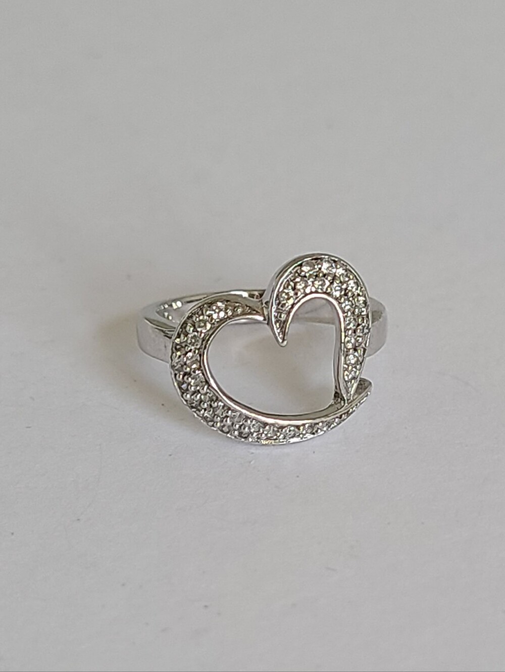 Elegant Sterling Silver Pave Crystal Rhinestone Hollow Heart Evening Ring
